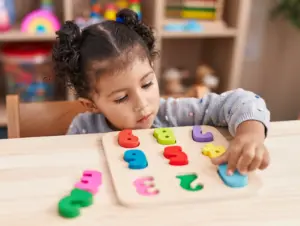 Criança pequena brincando com números coloridos em atividade educativa que estimula o desenvolvimento infantil na educação infantil.