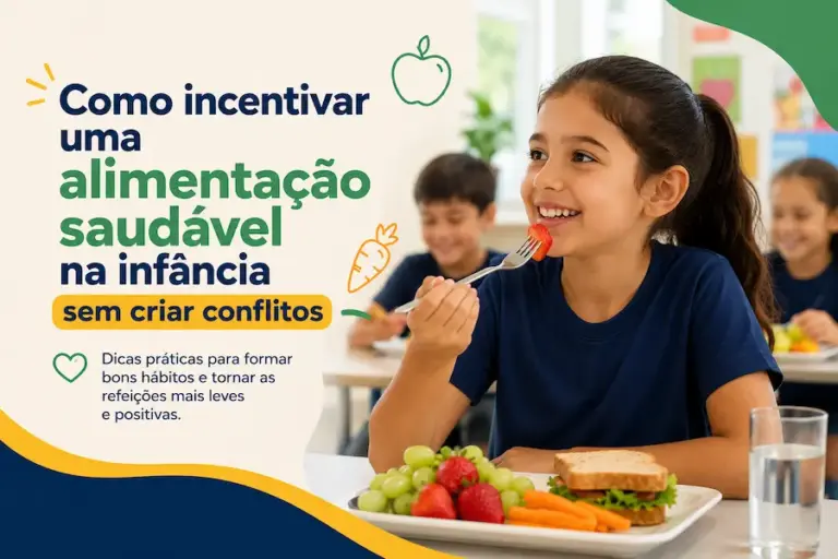 Criança sorrindo enquanto come alimentos saudáveis durante uma refeição na escola, com frutas, legumes e sanduíche no prato.
