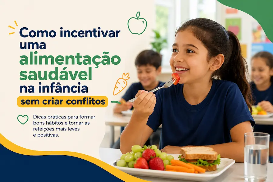 Criança sorrindo enquanto come alimentos saudáveis durante uma refeição na escola, com frutas, legumes e sanduíche no prato.