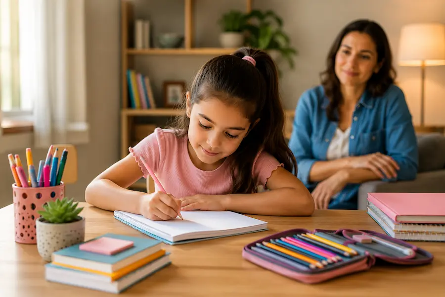 Menina estudando em casa enquanto uma mulher a acompanha, com cadernos, livros e materiais escolares sobre a mesa.