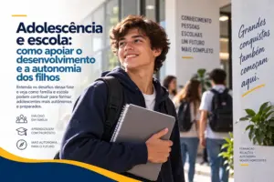 Adolescente com mochila e materiais escolares caminhando pelo ambiente de uma escola, representando o desenvolvimento e a autonomia na adolescência.