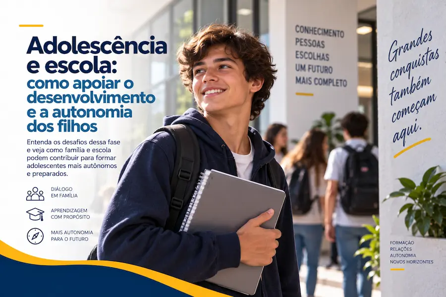 Adolescente com mochila e materiais escolares caminhando pelo ambiente de uma escola, representando o desenvolvimento e a autonomia na adolescência.