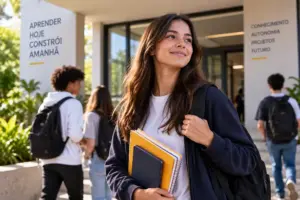 Adolescente com mochila e materiais escolares caminhando pelo ambiente de uma escola, representando a entrada no Ensino Médio e uma nova fase da trajetória escolar.Adolescente com mochila e materiais escolares caminhando pelo ambiente de uma escola, representando a entrada no Ensino Médio e uma nova fase da trajetória escolar.