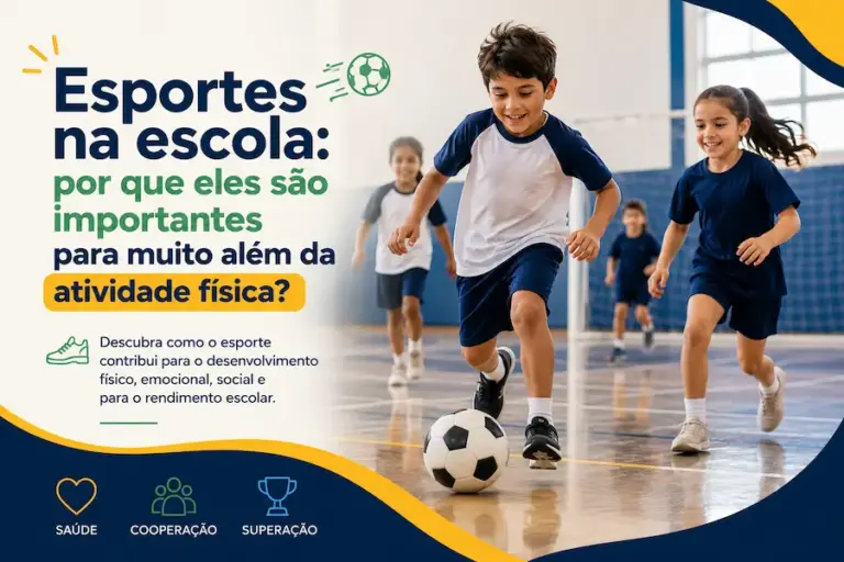 Crianças praticando futebol na quadra da escola, destacando a importância dos esportes para o desenvolvimento físico, emocional e social.